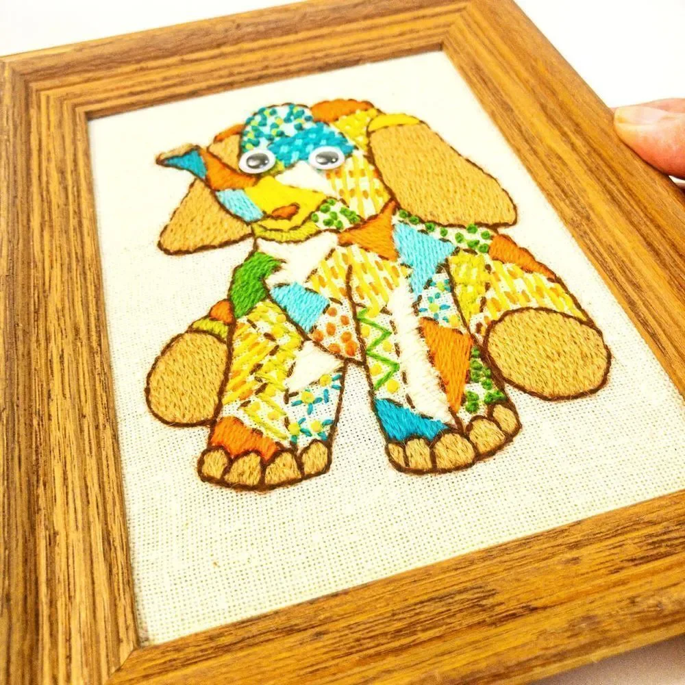 Vintage Nursery 1978 Crewel Stitch Elephant Framed Wall Decor